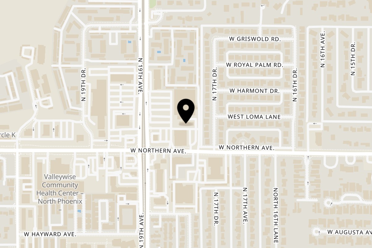 Map showing the location of Ms. Martha's Caribbean Kitchen on 1820 W Northern Ave Suite #110 in Phoenix